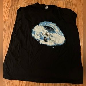 Black muscle tee with a blue Ferrari on a white cloud